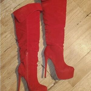 Chic Red Suede Heeled Boots for Women